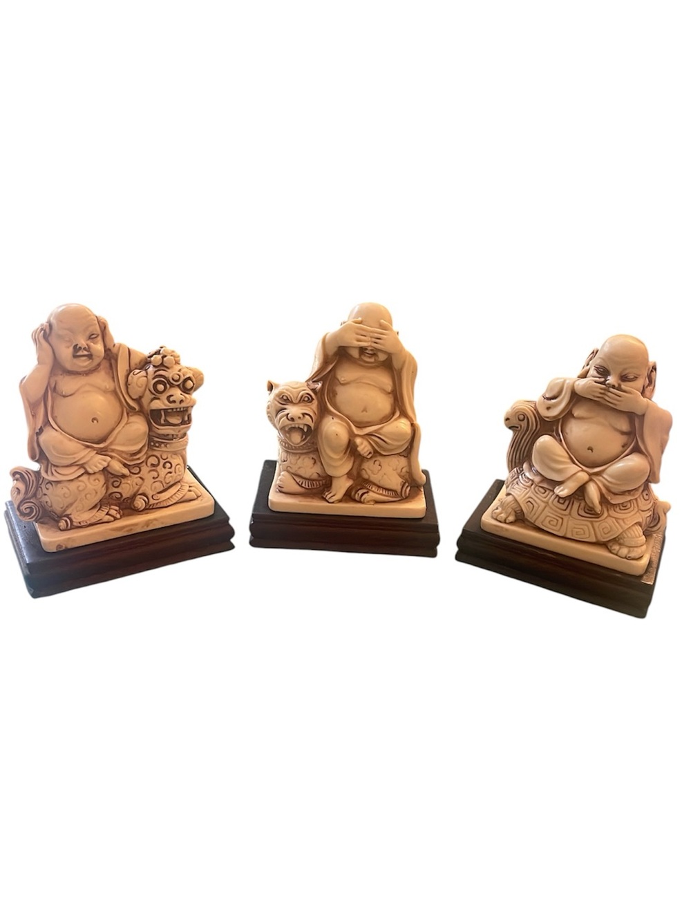 Vintage Triad of Beige Laughing Buddha Statues Resin